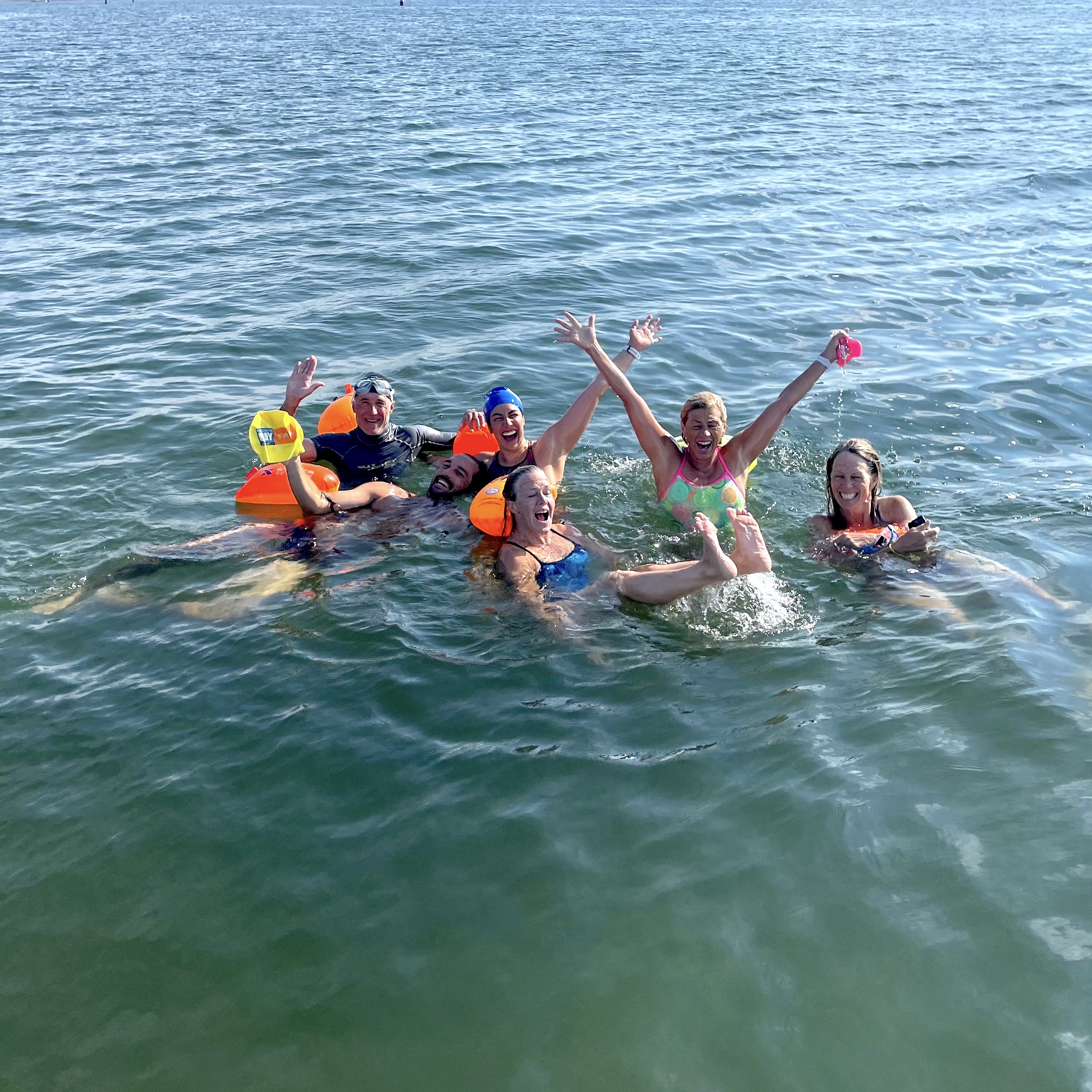 A small subset of the Chappy Swimmers, featuring: Rick Rheinhardt, Blake Cole, Kalina Grabb, Meri Gilson, Mary Kaminski, and Moira McCollough. [Photo: Chuck Redington]